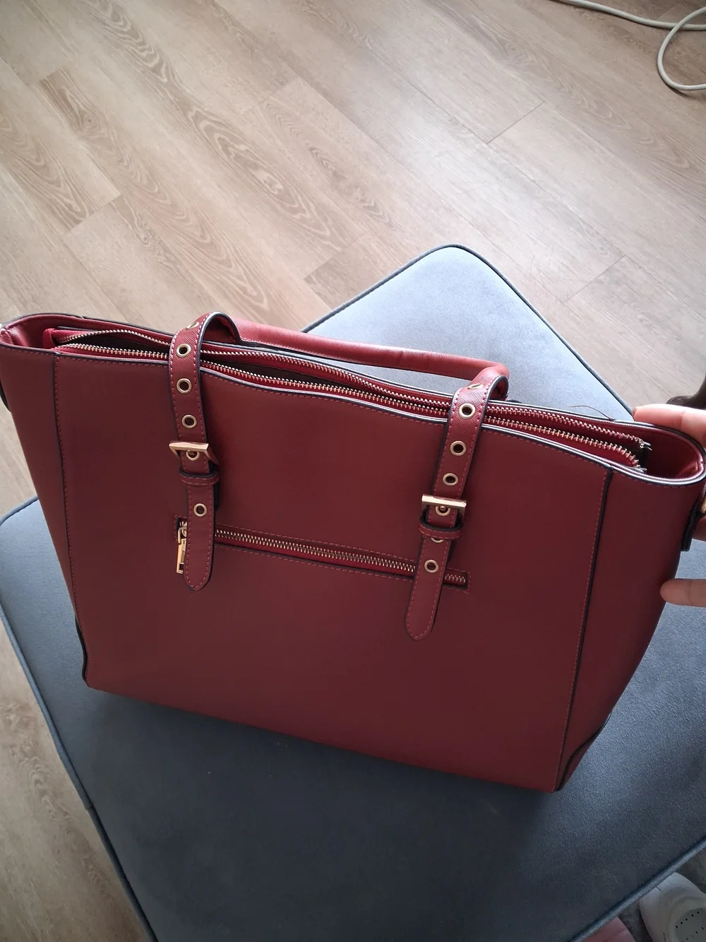 Structured Burgundy Leather Tote with Gold-Tone Accents